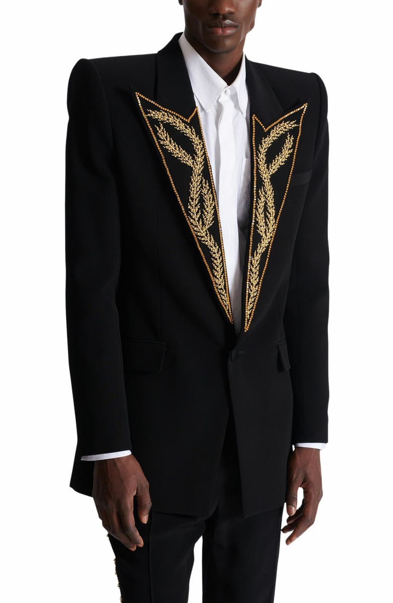 Balmain 1-Button Jacket With Embroidered Collar, Alternate, color, Black