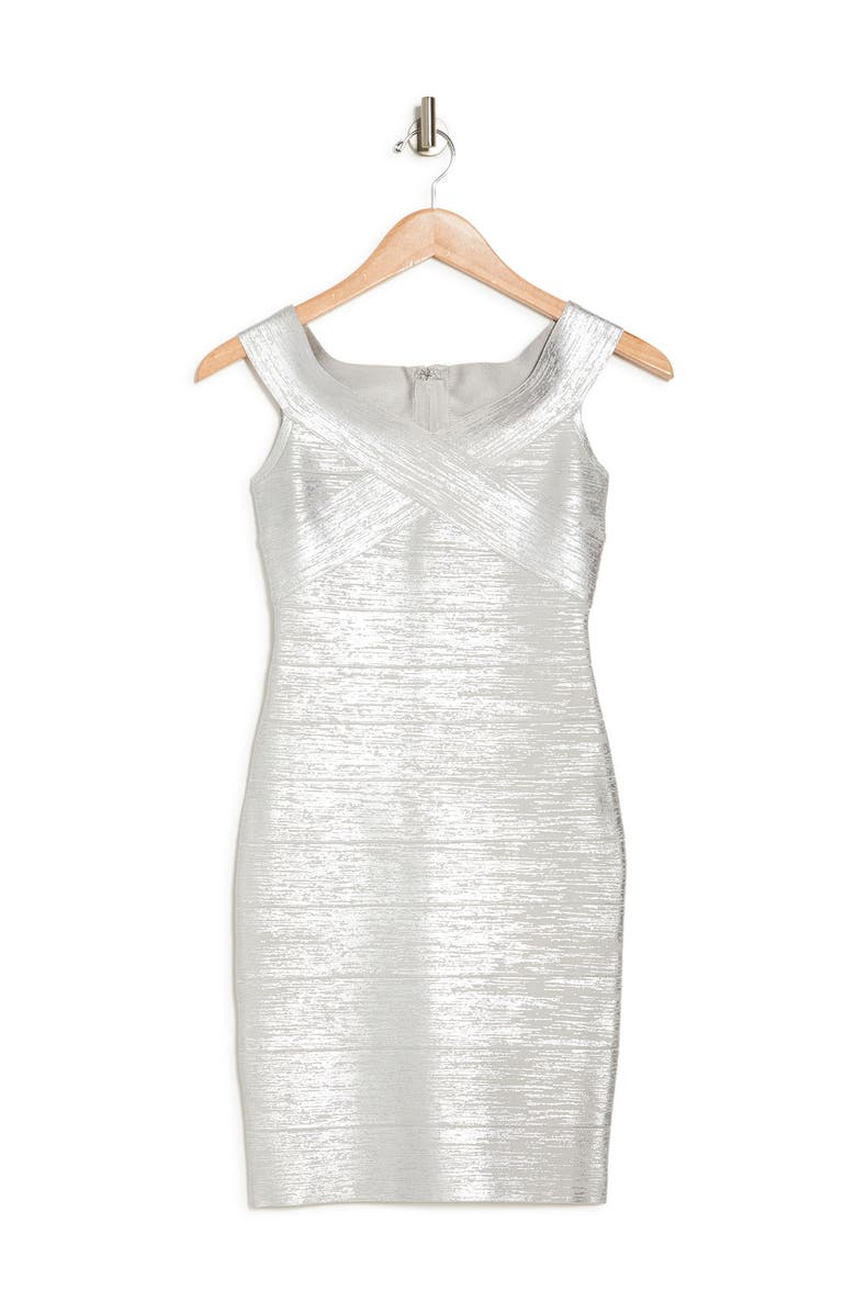 Herve Leger Criss Cross Off-the-Shoulder Metallic Bandage Dress, Alternate, color, 