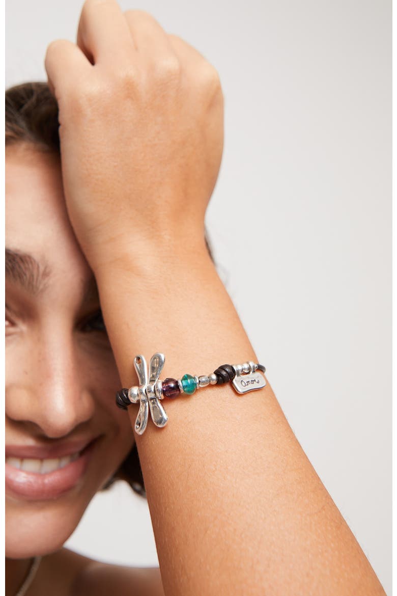 Dragonfly Charm Leather Bracelet, Alternate, color, Silver