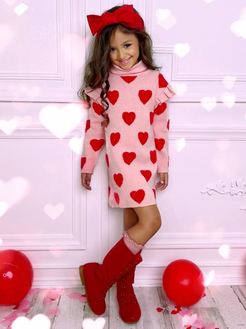 MIA BELLE GIRLS MIA BELLE GIRLS KIDS' WARMS MY HEART PINK TURTLENECK SWEATER DRESS