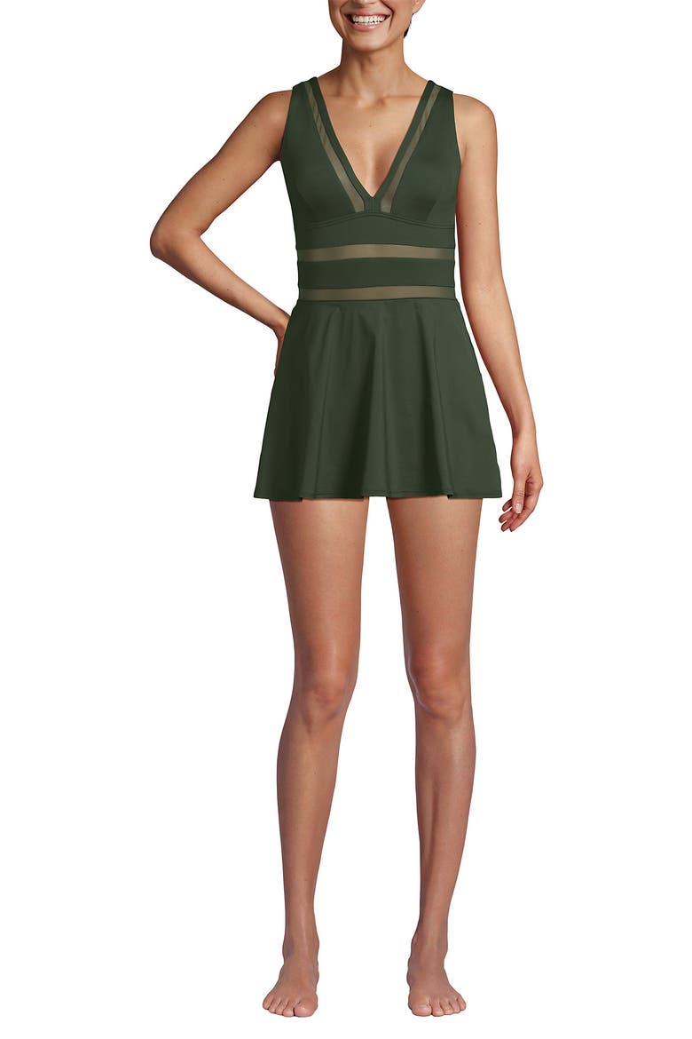 Mesh V-neck Mini Swim Dress Swimsuit, Alternate, color, Rich Olive Green