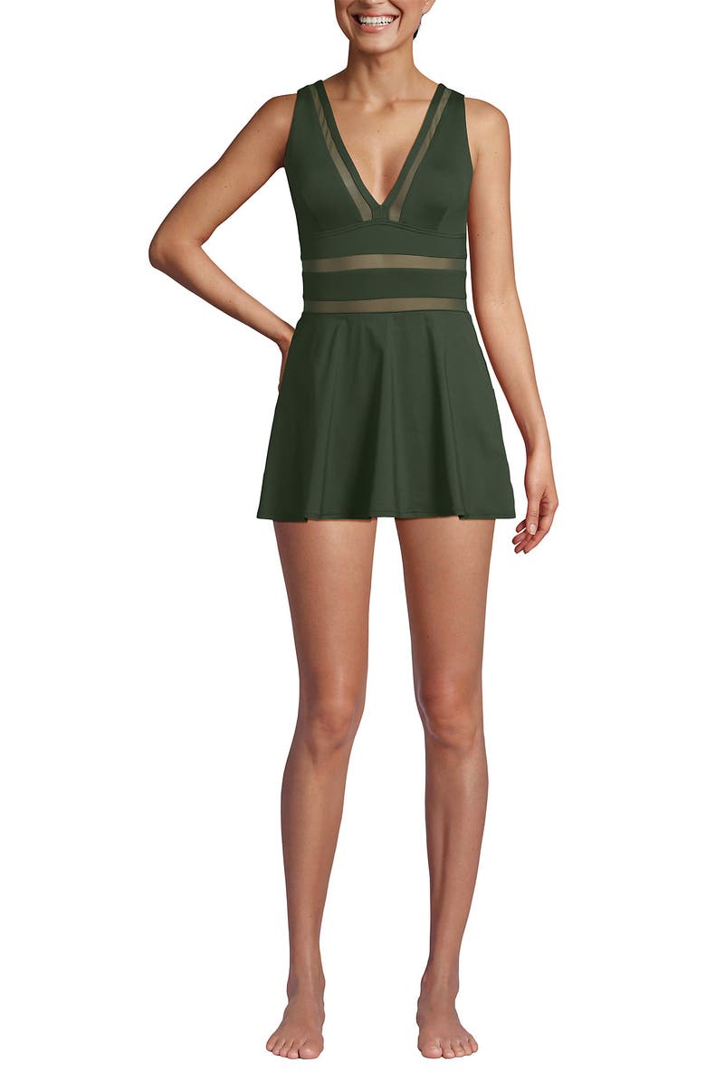 Lands' End Mesh V-neck Mini Swim Dress Swimsuit, Alternate, color, Rich Olive Green