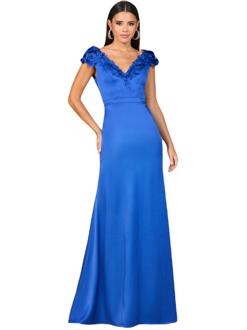Lara New York V-neck, Satin Backed Crepe Gown In Royal Blue