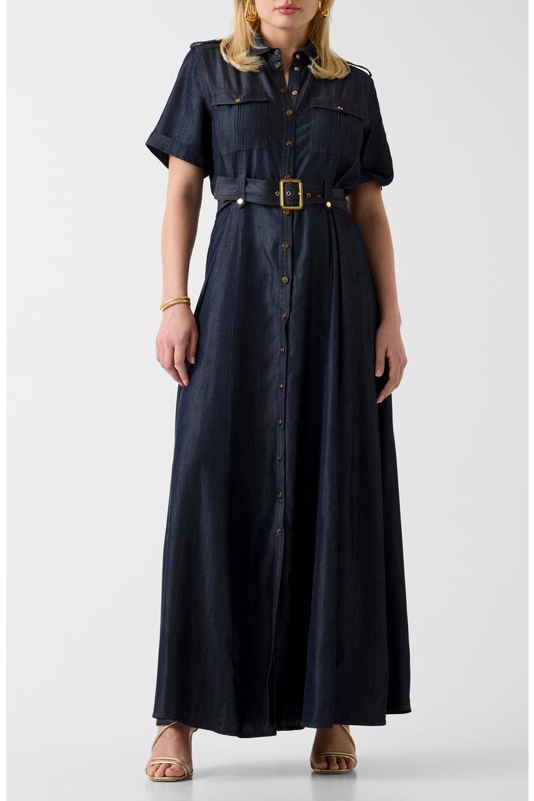 Katie Belted Denim Maxi Dress, Main, color, DARK BLUE
