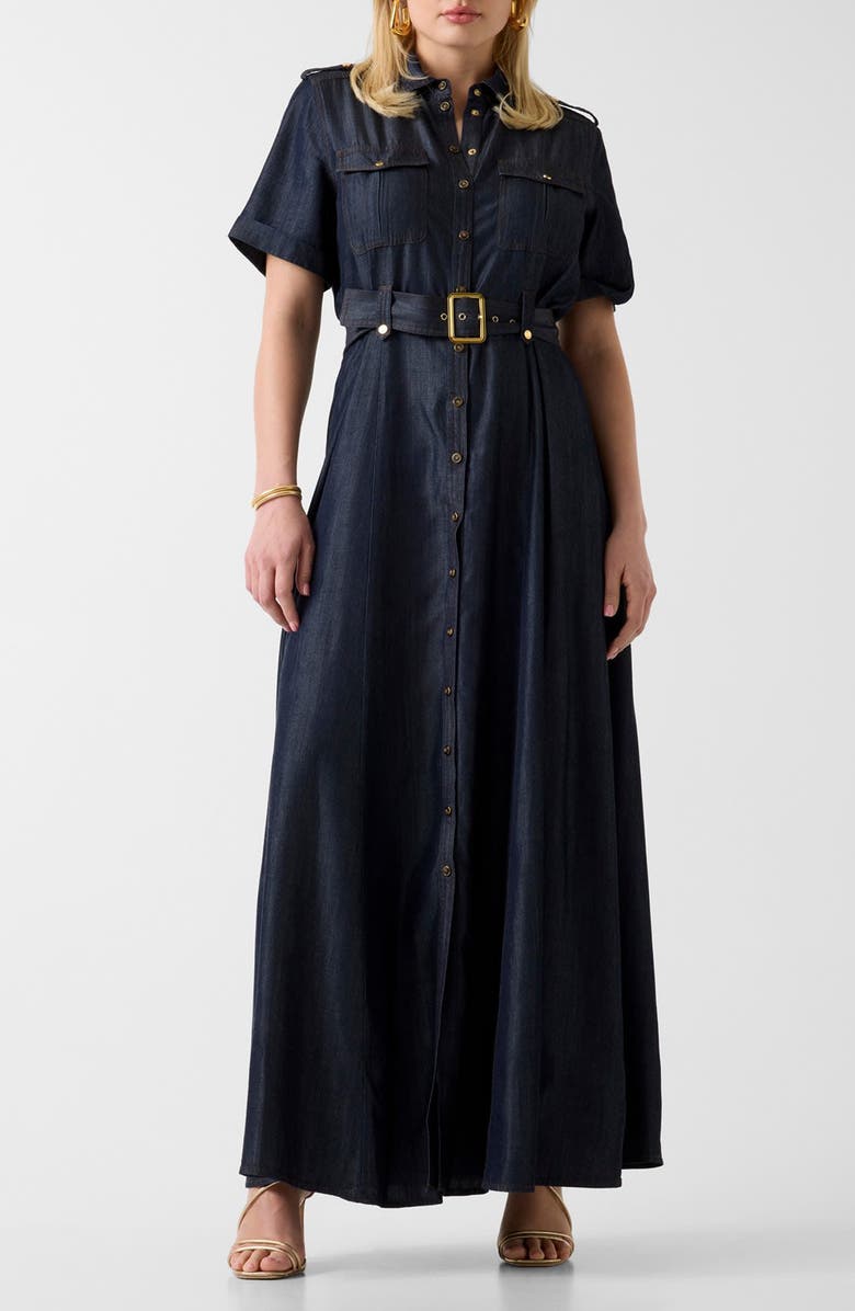 Marciano Katie Belted Denim Maxi Dress, Main, color, Dark Blue