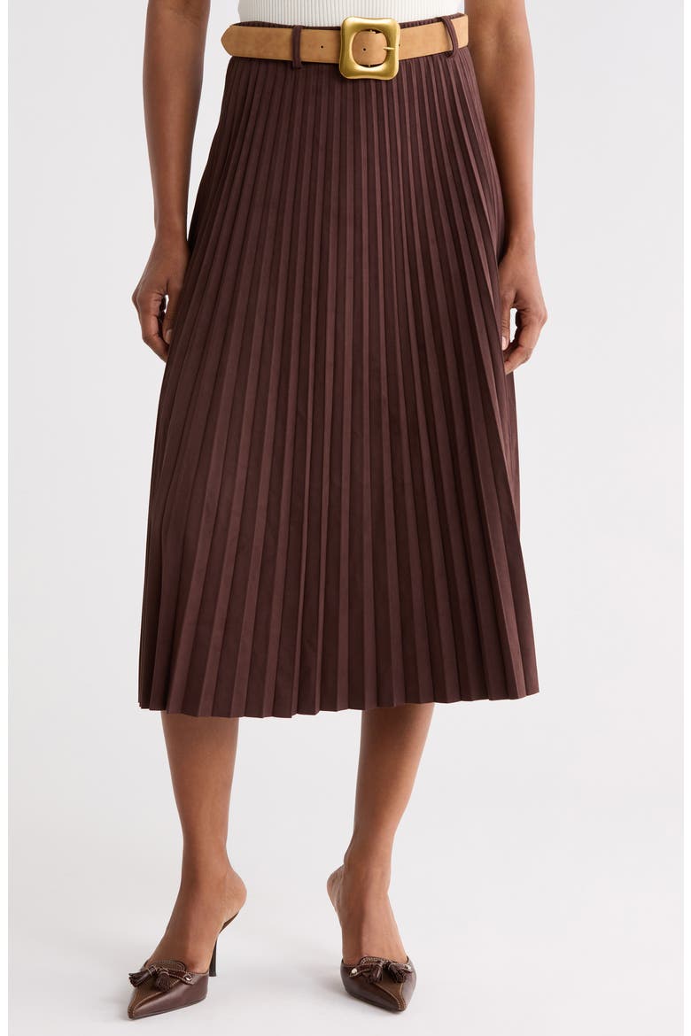 Belted Pleated Faux Suede Midi Skirt, Main, color, BROWN