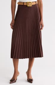 KAY UNGER SPORTSWEAR Belted Pleated Faux Suede Midi Skirt