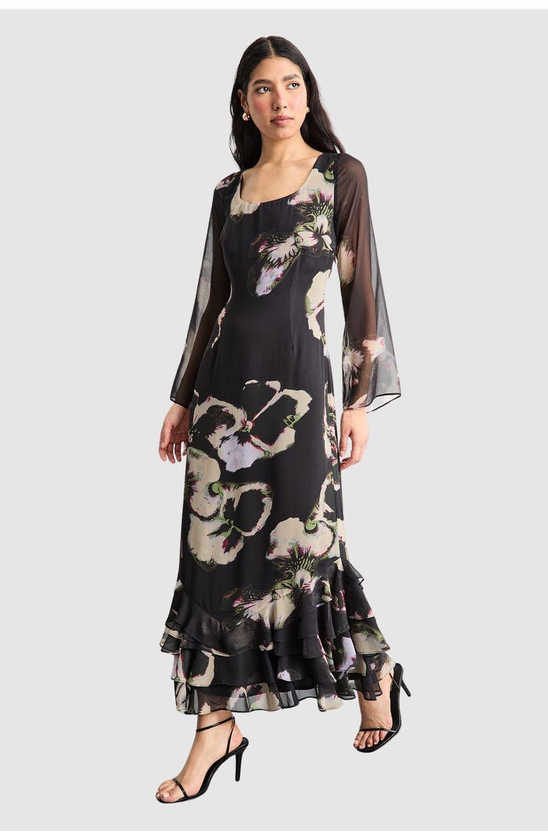 Warehouse Printed Scoop Neck Ruffle Hem Midi Dress, Main, color, Floral