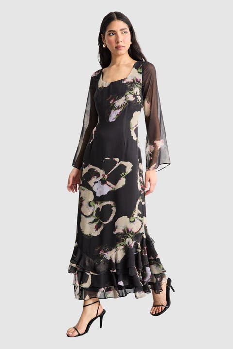 Printed Scoop Neck Ruffle Hem Midi Dress