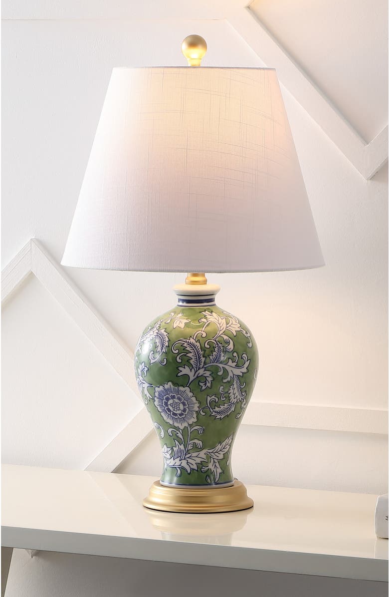 JONATHAN Y Grace French Country Cottage Ceramic/Iron Floral Urn LED Table Lamp, Alternate, color, Green/White