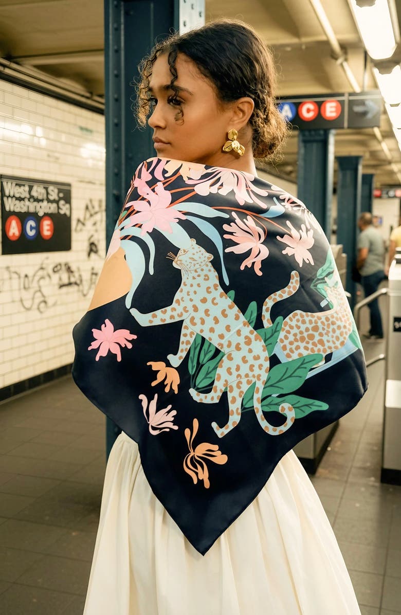 Jessie Zhao New York Double Sided Silk Scarf Night Jungle Gathering, Alternate, color, Black