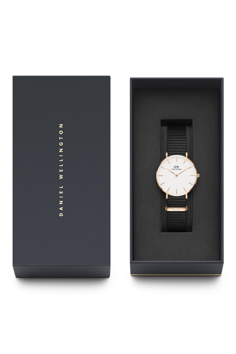 Classic Petite NATO Strap Watch, 32mm, Alternate, color, BLACK/ WHITE/ ROSE GOLD