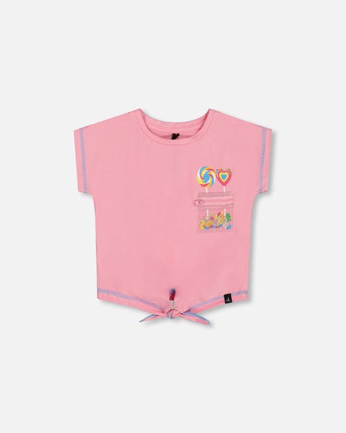 DEUX PAR DEUX DEUX PAR DEUX LITTLE GIRL'S ORGANIC COTTON TEE WITH PRINT AND KNOT CANDY PINK