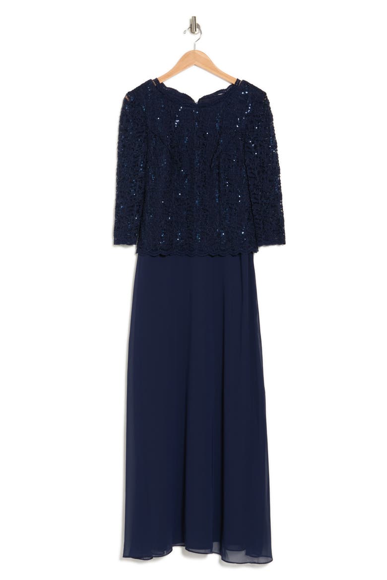 Sequin Lace & Chiffon Gown, Alternate, color, NAVY