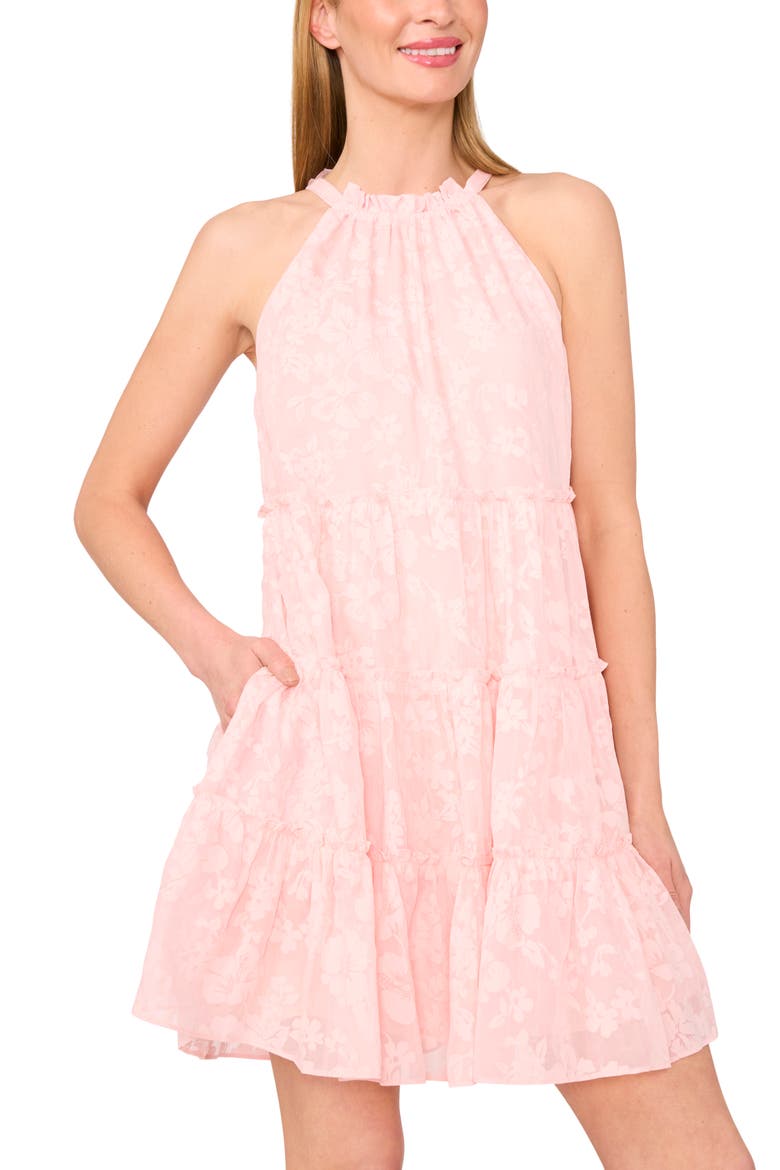 Floral Jacquard Tiered Minidress, Alternate, color, SUGAR PEACH