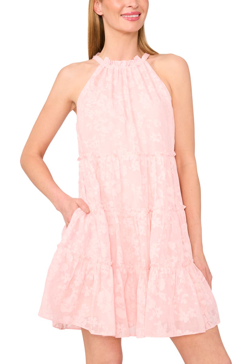 CeCe Floral Jacquard Tiered Minidress, Alternate, color, Sugar Peach