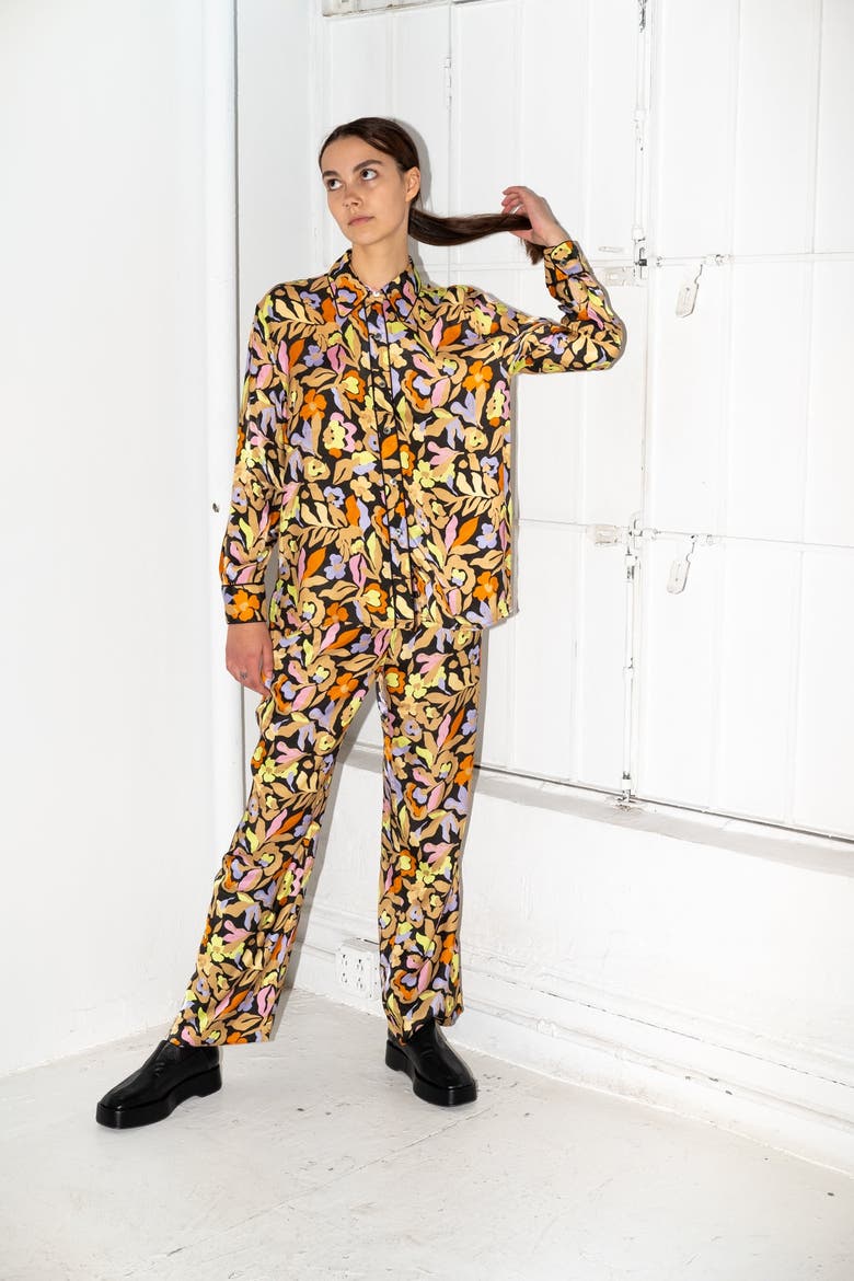 Manifest Printed Button-up Silky Shirt, Alternate, color, Lucida