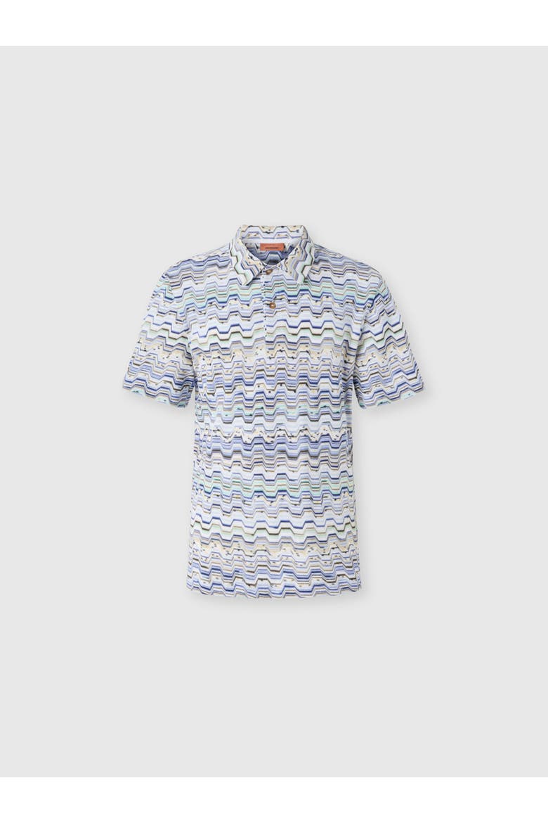 Cotton Polo Shirt With Raschel Knit And Greek Motif, Main, color, Light Blue