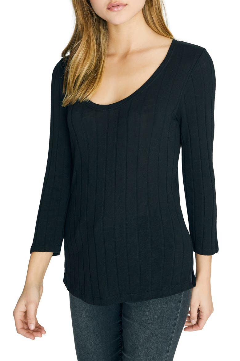 Ruby Ribbed Long Sleeve Cotton Blend Tee, Main, color, BLACK