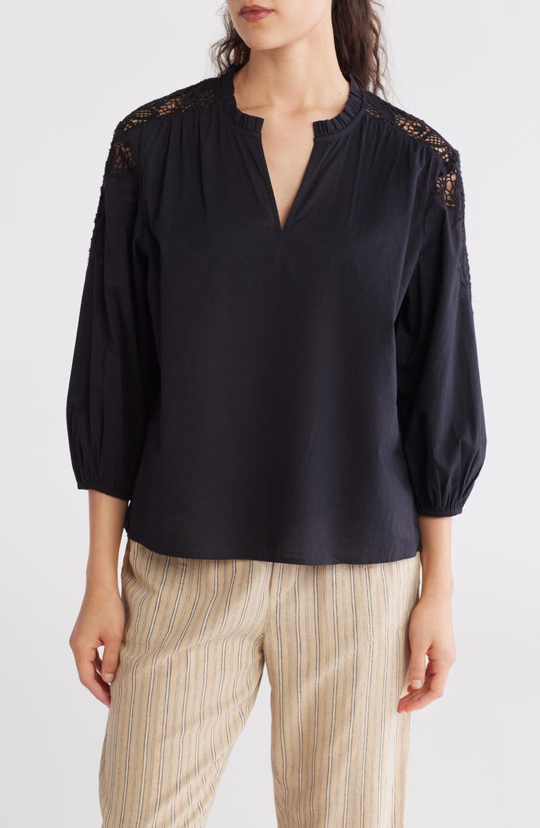 Caslon<sup>®</sup> Eyelet Lace Balloon Sleeve Cotton Poplin Top, Main, color, Black