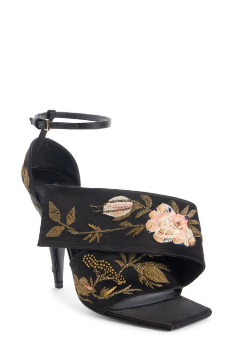 Twisted Ribbon Embroidered Ankle Strap Sandal (Women)