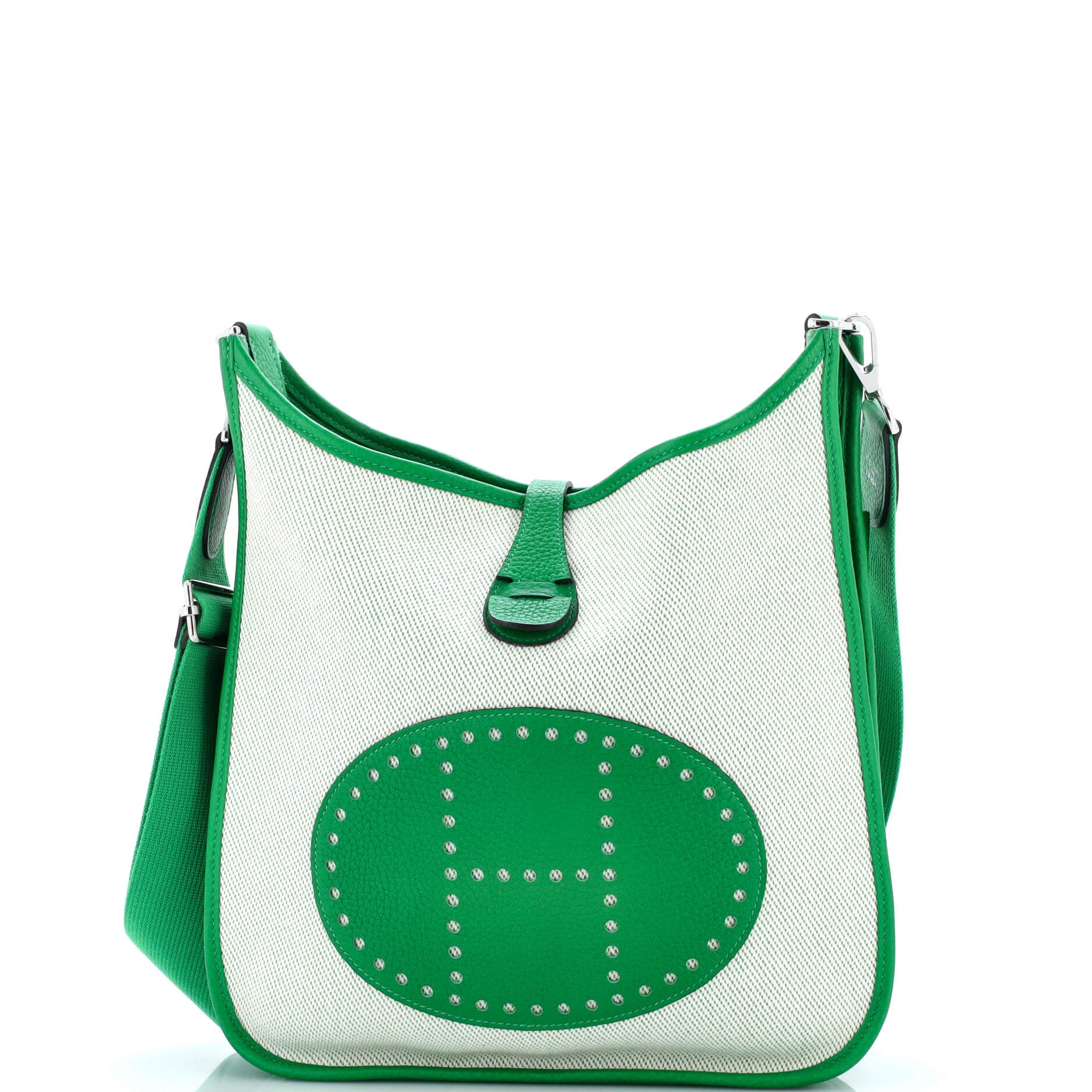 Pre-Owned Hermes Evelyne Bag Gen III Toile and Leather PM, Main, color, Green