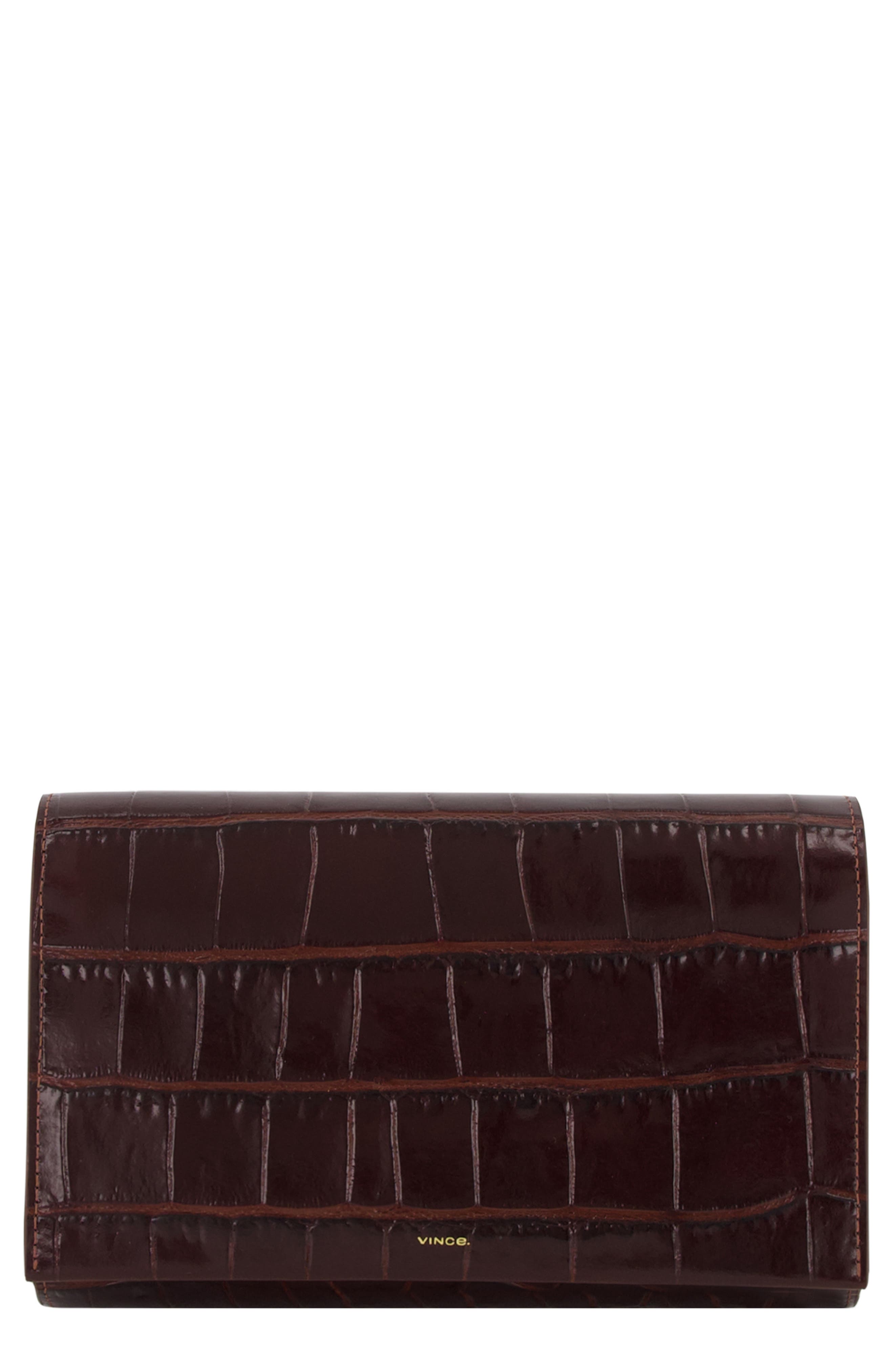 Athene Croc Embossed Leather Wallet on a Strap Crossbody, Main, color, BLACK ROSE