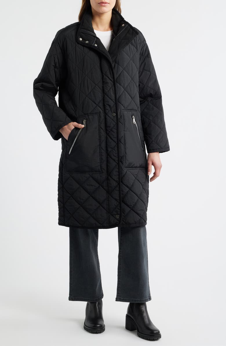 Bernardo Quilted Long Coat, Main, color, Black