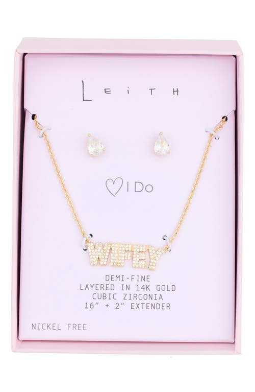 Leith Demi Fine Cubic Zirconia Stud Earrings & Wifey Necklace Set In Clear- Gold