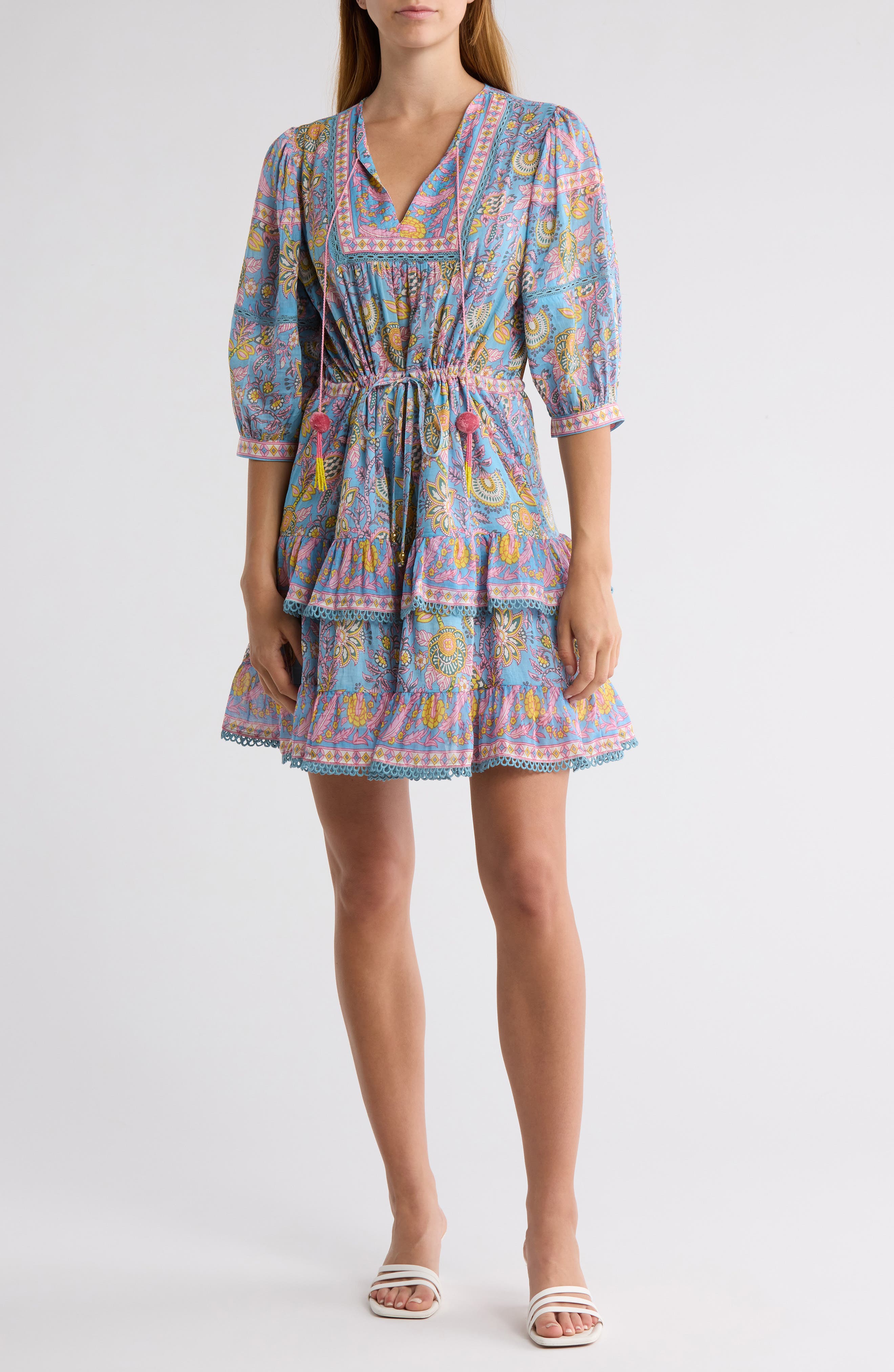 ALICIA BELL Kate Tiered Cotton & Silk Cover-Up Minidress in Blue Yellow Print 