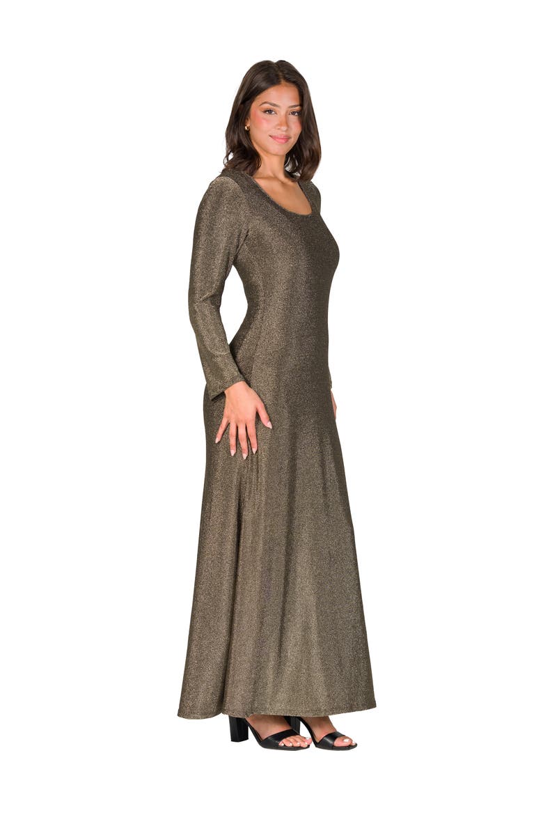 Long Sleeve Scoop Neck Shimmery Fabric Maxi Dress, Alternate, color, Gold