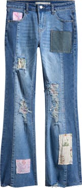Tractr Kids' Ripped Floral Patch Flare Jeans