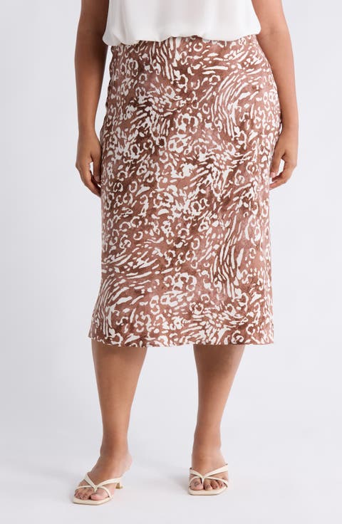 Animal Print Satin Midi Skirt (Plus)