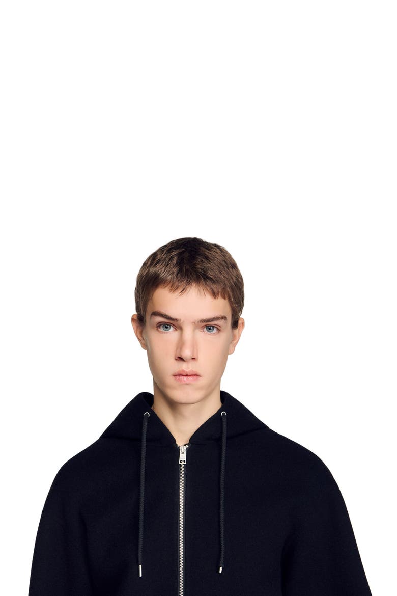 Hooded zip-up wool jacket, Alternate, color, Black