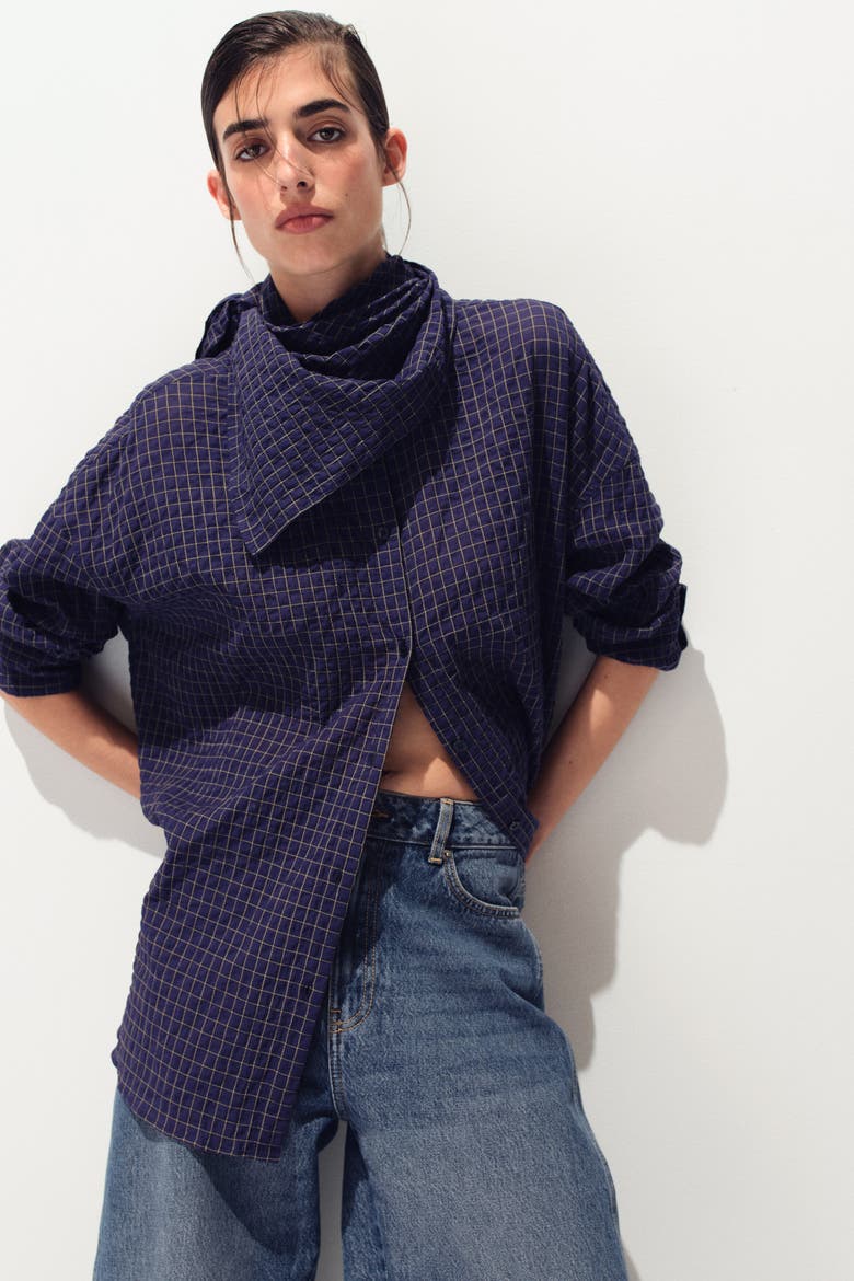 Seersucker Shirt With Scarf, Alternate, color, Dark blue/checked