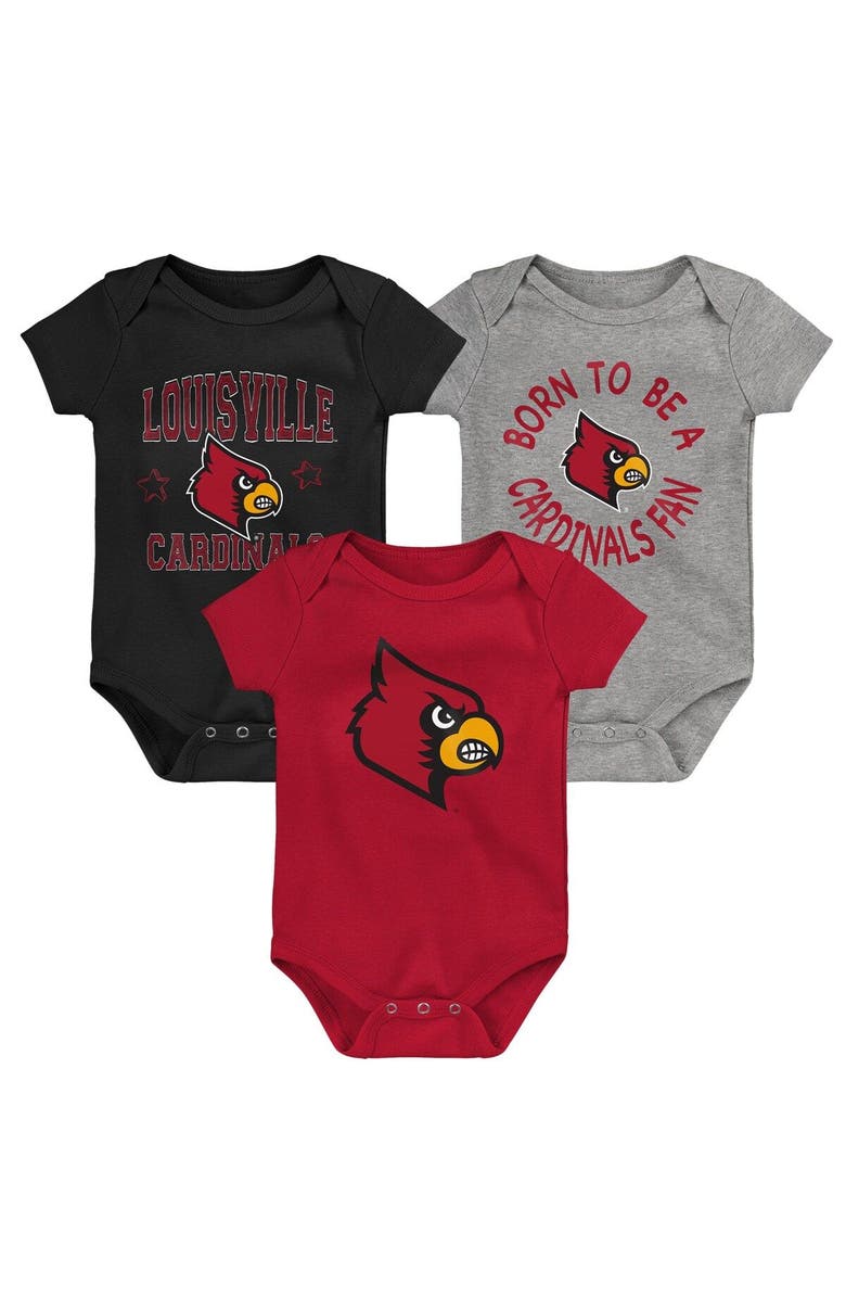 Outerstuff Newborn & Infant Red/Black/Heather Gray Louisville Cardinals 3-Pack Born To Be Bodysuit Set, Main, color, 