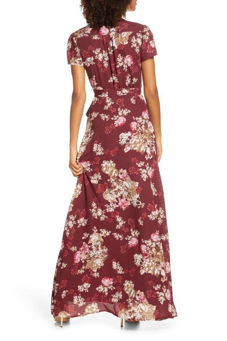 The Zoey Floral Print Short Sleeve Wrap Gown, Alternate, color, CABERNET FLORAL