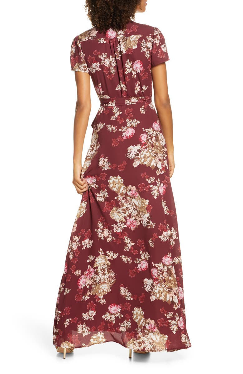 WAYF The Zoey Floral Print Short Sleeve Wrap Gown, Alternate, color,