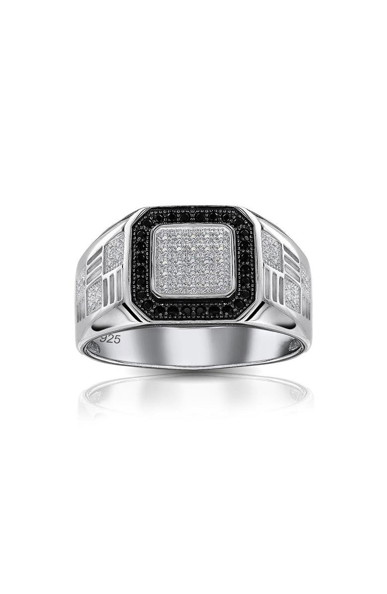 BLING JEWELRY Men's Rhodium Plated Sterling Silver Pavé Cubic Zirconia Geometric Ring, Alternate, color, Silver