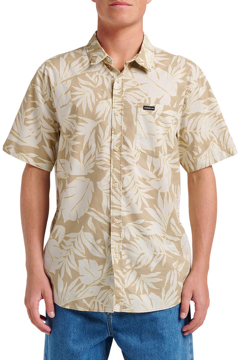 Palm Trip Classic Leaf Print Short Sleeve Cotton Button-Up Shirt, Main, color, TWILL