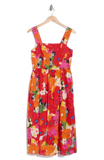 Maggy London Floral Cotton Voile Fit & Flare Dress In White/flame Red