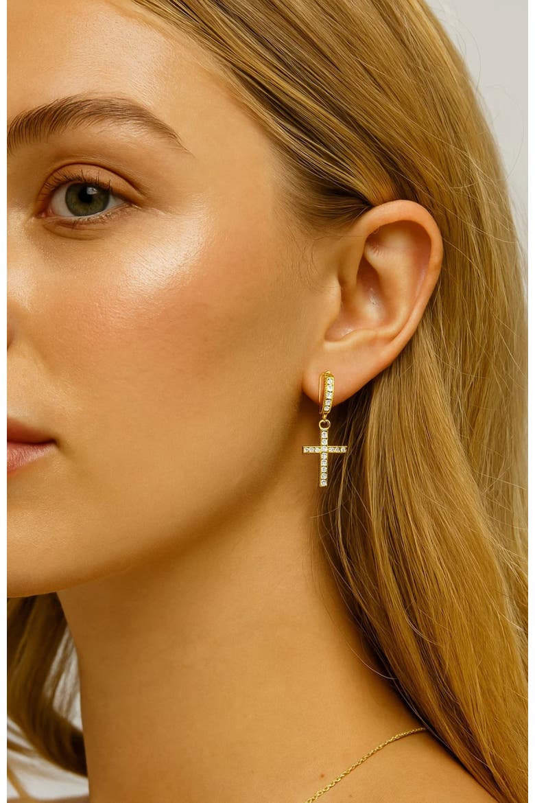 Cross Dangle Earrings with White Diamond Cubic Zirconia, Alternate, color, Gold