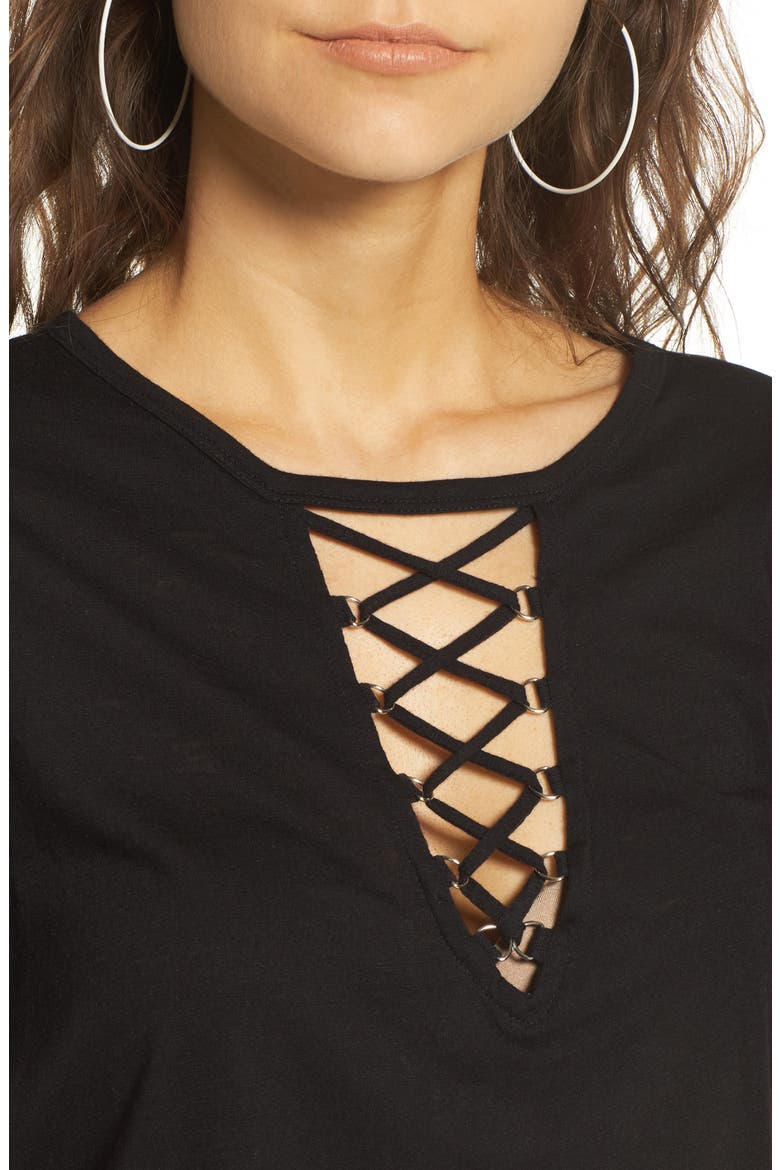 Grommet Lace-Up Tee, Alternate, color, BLACK
