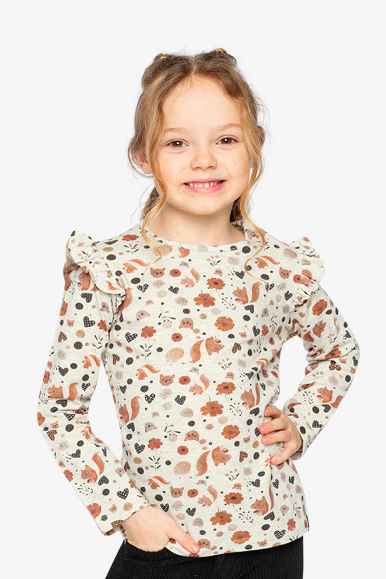 Organic Cotton Squirrel Ruffle Shoulder Long Sleeve T-Shirt, Alternate, color, Beige with Squirrel Print