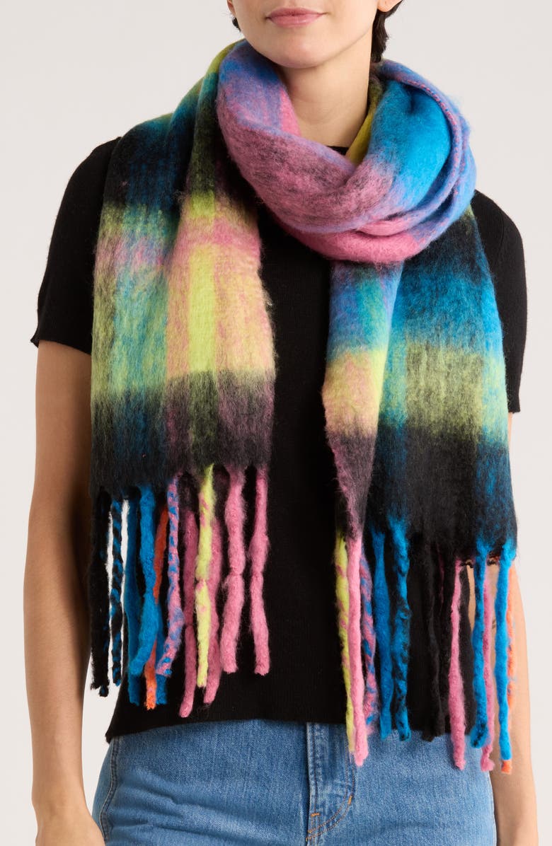 BCBG Plaid Blanket Wrap Scarf, Main, color, Black Multi