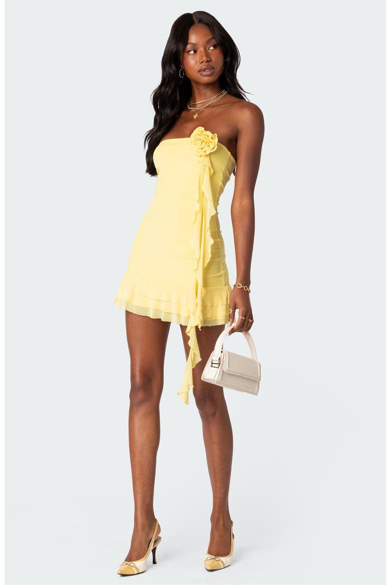 Thalia Flower Pin Ruffle Strapless Minidress, Alternate, color, YELLOW