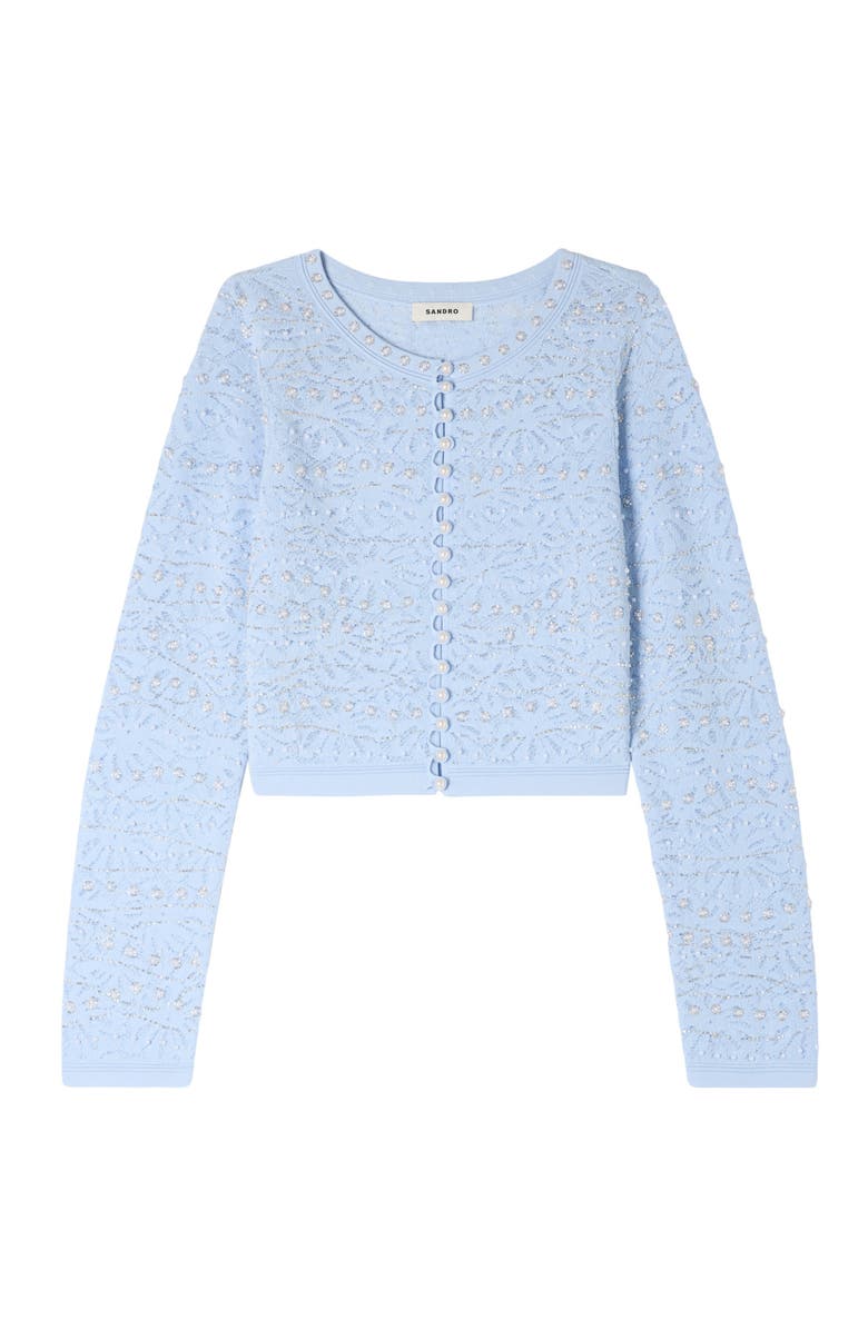SANDRO Cropped pearled cardigan, Alternate, color, Sky Blue