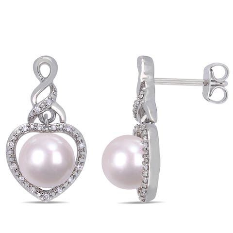Cultured Pearl & Diamond Heart Drop Earrings