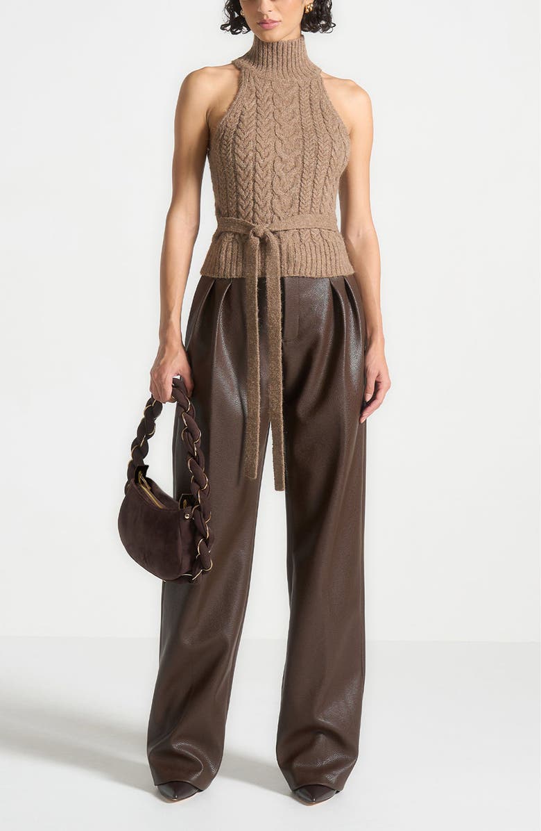 Manière De Voir Olivia Pebbled Leather Pleated Stacked Trousers, Alternate, color, Brown