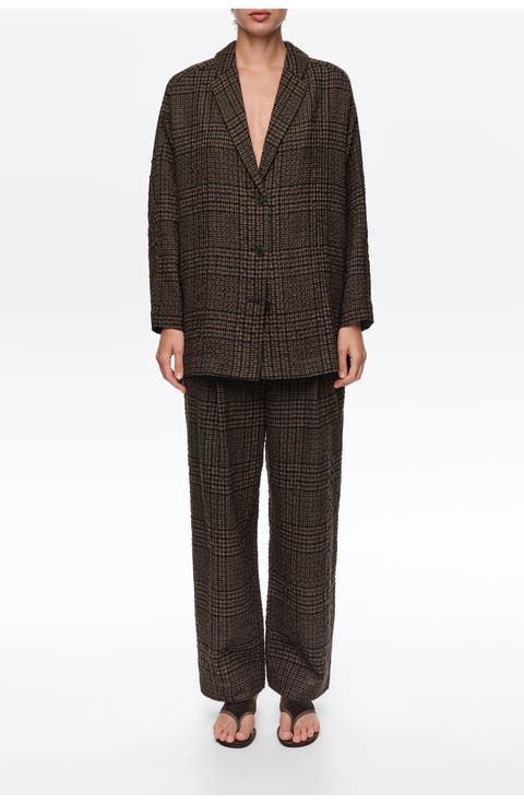 Checked Wool Blend Straight Blazer